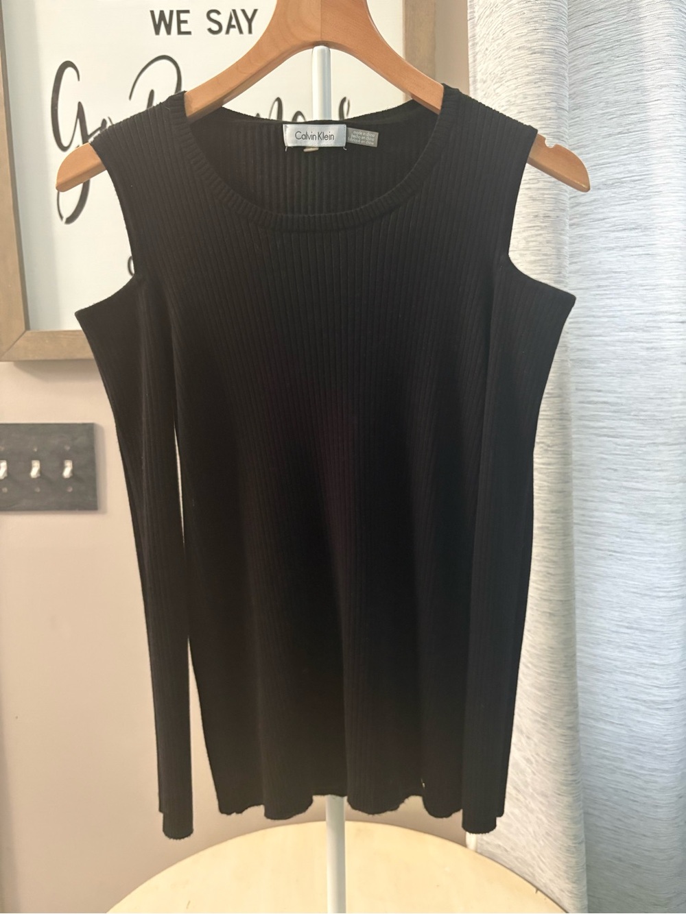 Calvin Klein Black Cold-Shoulder Ribbed Long Sleeve Sweater S crew Small S12